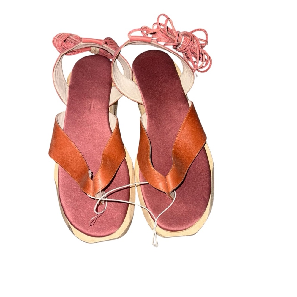 Cognac Leather Strap, Wooden Sole Women's Sandals